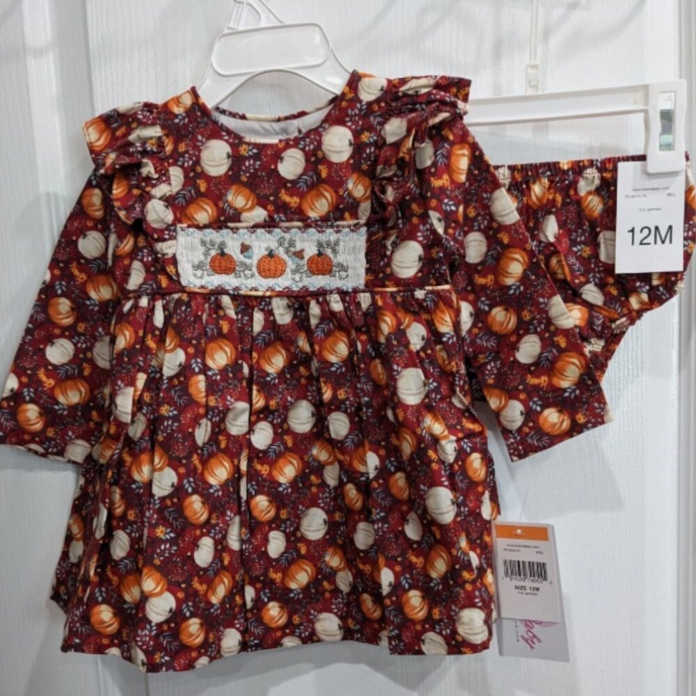 Bonnie Jean Thanksgiving Long Sleeves Harvest Smocked Pumpkin Girls Dress BUNDLE